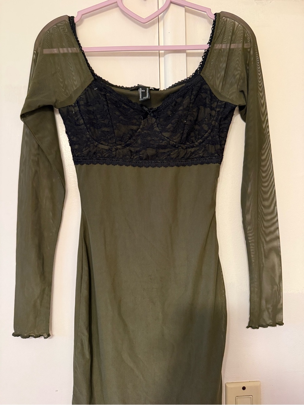 Forever 21 Olive Green Long Sleeve Mesh Dress with Black Lace Bodice